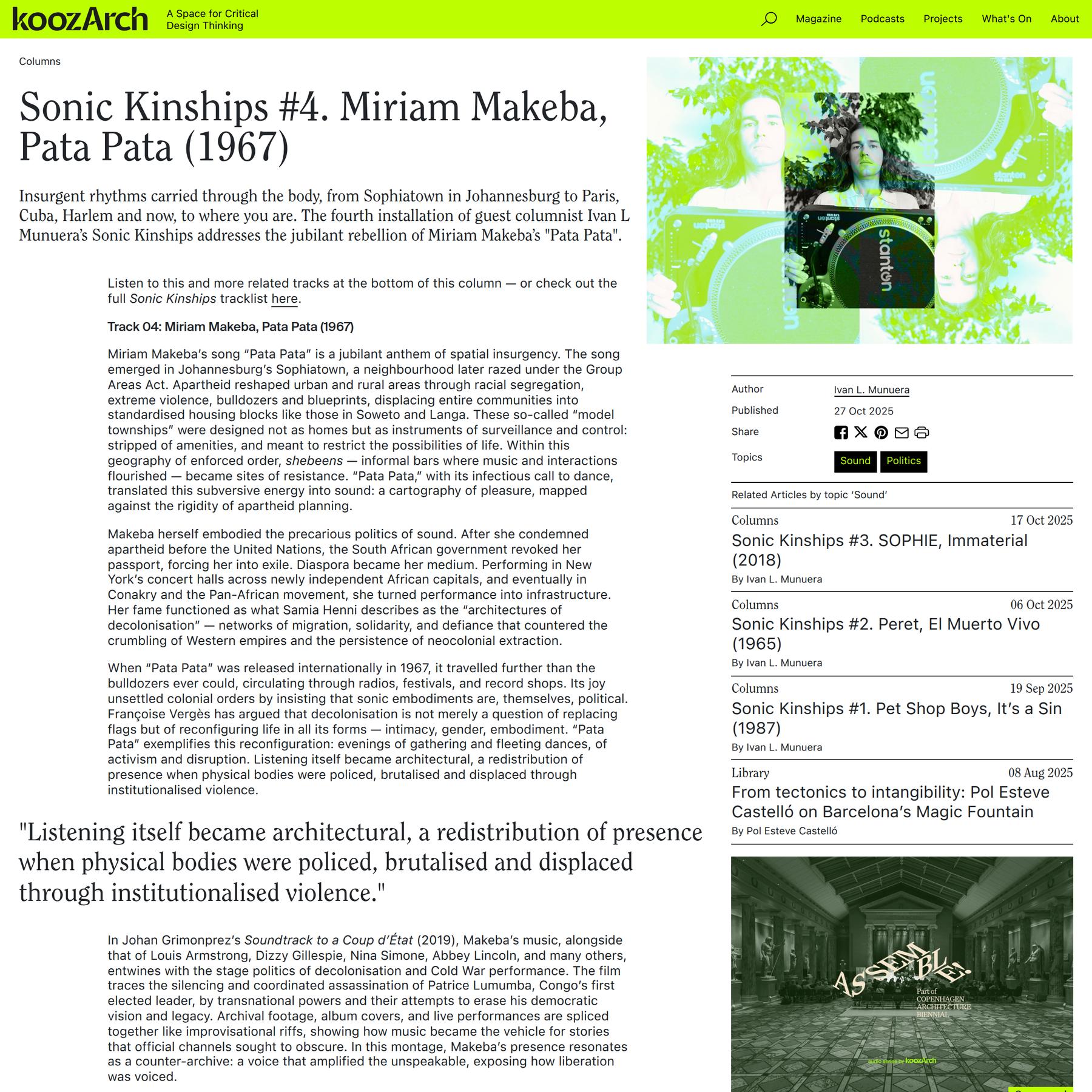 Sonic Kinships #4. Miriam Makeba, Pata Pata (1967) – KoozArch
