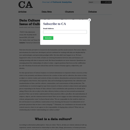 Data Cultures, Culture as Data - Special Issue of Cultural Analytics