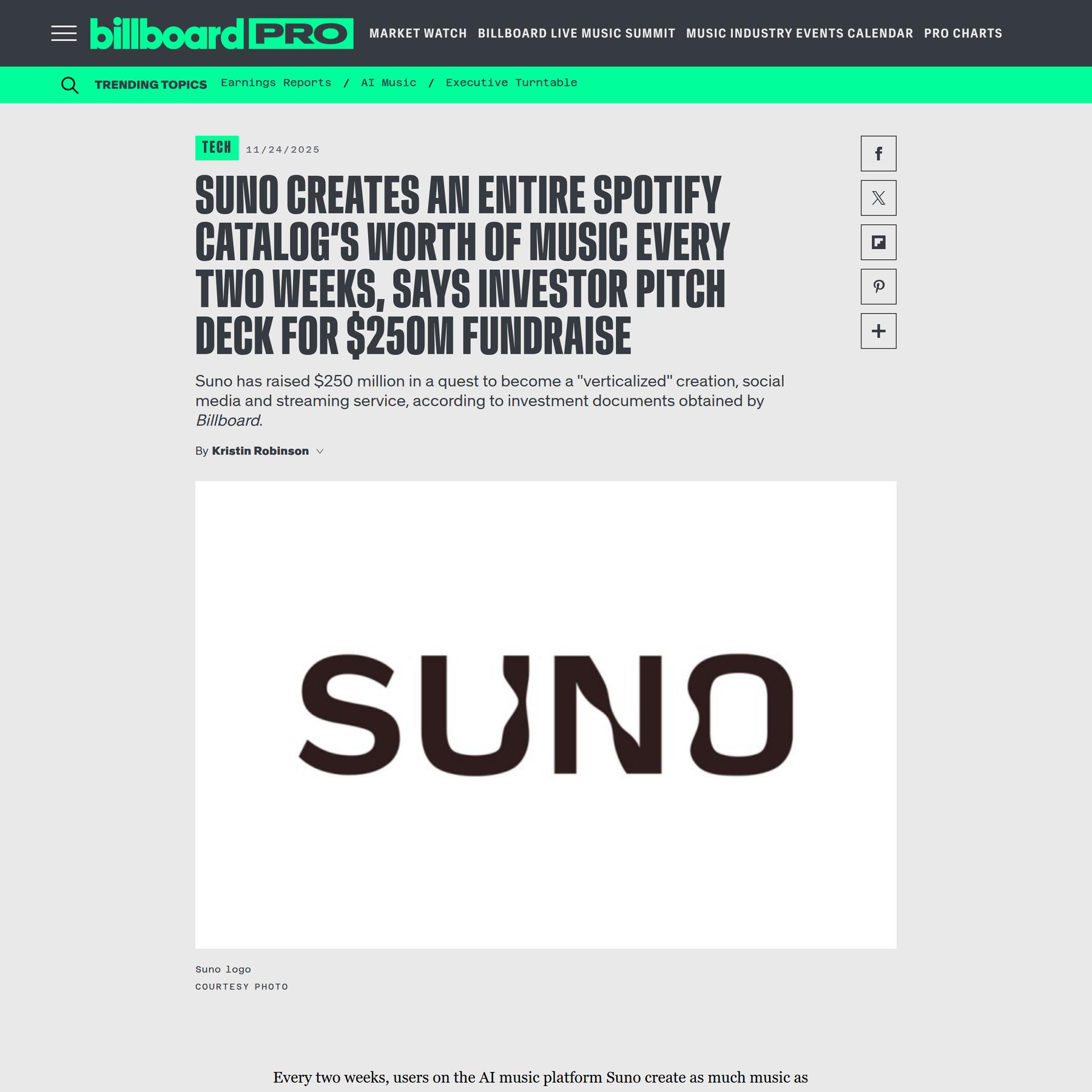 Suno Creates an Entire Spotify Catalog’s Worth of Music Every Two Weeks, Says Investor Pitch Deck for $250M Fundraise