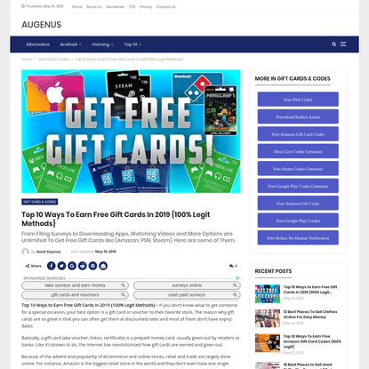 Top 10 Ways to Earn Free Gift Cards in 2019 {100% Legit Methods} - Augenus