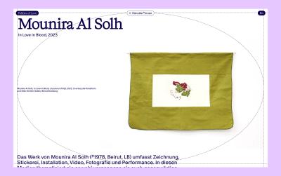 Editorial artist page design for the “Politics of Love” digital publication, combining large-scale serif typography, a minimal web interface, dotted navigation graphics, and an artwork image by Mounira Al Solh.