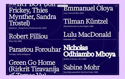Table of contents of the Website Politics of Love displaying an artist list as a typographic design element, with large-scale white serif type on a dark navy animated dotted grid.