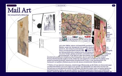 Interactive connectivity page from the “Politics of Love” website, where a draggable 3D carousel presents mail art images above long-form editorial text, framed by dotted navigation graphics and large serif typography.
