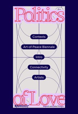 Mobile homepage of the “Politics of Love” website, showing a vertical navigation structure with stacked section buttons, oversized cropped title typography, and dotted orbital linework adapted into a responsive editorial layout.