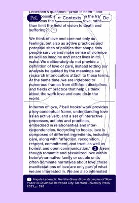 Mobile reading view from the “Politics of Love” website, showing long-form essay text with numbered footnotes, an expanded footnote panel, dotted orbital grid lines, and compact navigation within a responsive editorial layout.