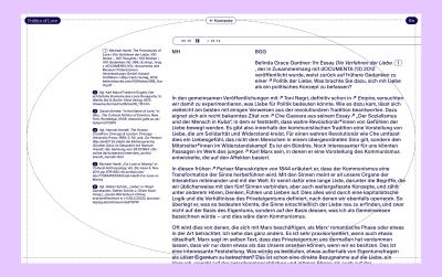 Editorial context page design for the “Politics of Love” digital publication, combining long-form text, footnotes, an audio player, dotted navigation graphics, and a minimal web interface with dark navy typography.