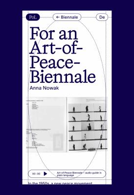 Mobile website from the multimedia digital publication “Politics of Love,” presenting Anna Nowak’s “For an Art-of-Peace-Biennale” with a large archival publication image, an embedded audio guide player, dotted orbital grid lines, and compact navigation in a responsive editorial layout.