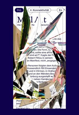 Mobile connectivity page from the multimedia digital publication “Politics of Love,” featuring a draggable 3D carousel of mail art images layered over editorial text, with dotted orbital grid lines and compact navigation in a responsive layout.