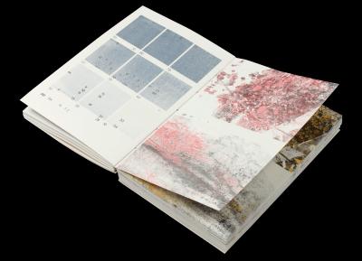 Colors swatches and duotone image printing test of the printed plants catalog with natural plant colors from woad, charcoal and madder root.