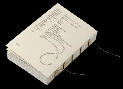 Backside of the book with an index about materials, typeface, bleed, columns and other layput specific things.