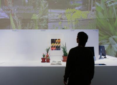 Exhibition view of the printed plants project with dyer plants, a poster and the color catalog exhibitied at zurich university of the arts.