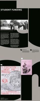 Panel of an exhibition design based on a typographic system, archival imagery and historical student posters and zines.