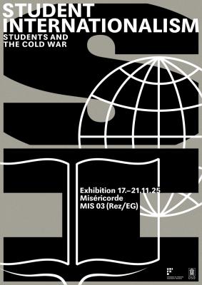 Grayscale poster Invitation based on brutalist typography and iconic student pictograms nested within each other. 