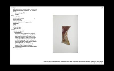 Portfolio website showing a single centered artwork image with generous white space, alongside an expanded navigation revealing both work and research sections with project descriptions in small lowercase  helvetica regular.