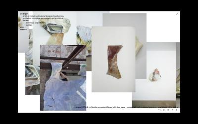 Artist website showing the draggable image collage in a rearranged state, with layered photographs of sculptural textile works recycled from textile waste spread across the canvas in an asymmetrical, random composition.