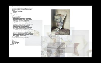   Portfolio website with a minimal, brutalist aesthetic featuring layered, draggable images on an asymmetrical grid, shown with an expanded navigation revealing project titles and a full work description in small lowercase type.