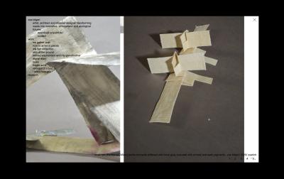 Portfolio website showing a zoomed in detail view of sculptural textile works, with the navigation sidebar visible alongside large-scale imagery and a caption and slider bar at the bottom.