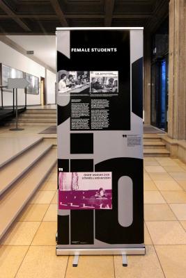 Panel of an exhibition design based on a typographic system, archival imagery and historical student posters and zines about female students during the cold war.