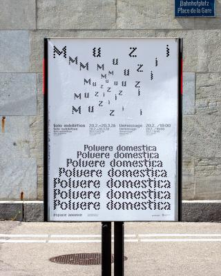 Urban exhibition poster in F4 featuring experimental typographic compositions inspired by type specimens for swiss contemporary artist Muzi at the offspace Espace Annexe in Biel. Set in the typeface Chicago Grey by Sarah Iller, published by Maxitype.