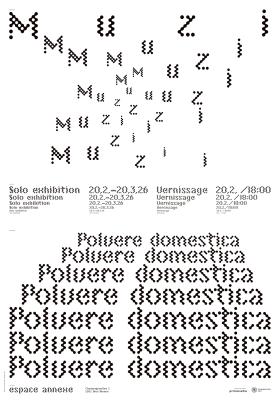 Black and white exhibition poster with a typographic design inspired by type specimens with the typeface Chicago Grey by Sarah Iller repeated in cascading lines of decreasing size.