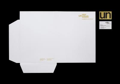 Swiss design brand stationery with modular typography, restrained green-yellow color accents, and minimal layouts applied to folder and business card.