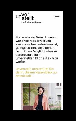 Mobile Website in reduced typographical swiss graphic design style kept in black white and yellow creating a warm and professional visual identity.