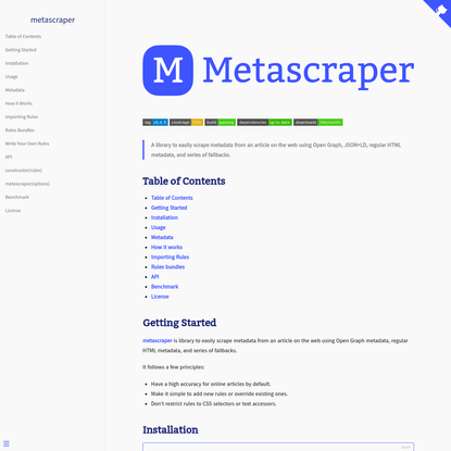metascraper, easily scrape metadata from an article on the web.