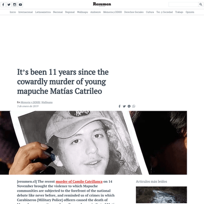 It's been 11 years since the cowardly murder of young mapuche Matías Catrileo | Resumen.cl