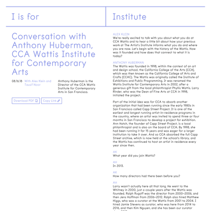 Conversation with Anthony Huberman, CCA Wattis Institute for Contemporary Arts