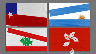 Sarah Grill illustration of flags of Chile, Argentina, Lebanon, and Hong Kong for an Axios article titled “Protests around the world aimed squarely at existing governments”