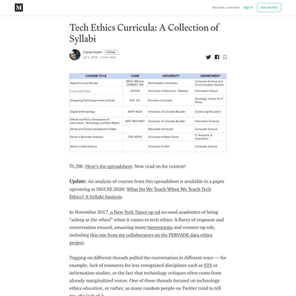 Tech Ethics Curricula: A Collection of Syllabi