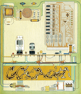 Ulla Wiggen, Kretsfamilj (Circuit Family), 1964, gouache on wooden panel and gauze, 13 3⁄4 × 11 3⁄4". 