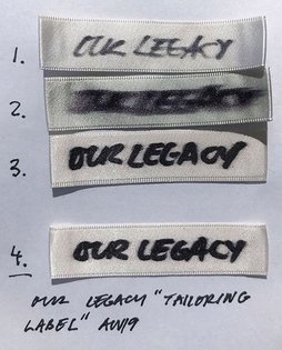 Select tailored garments from Our Legacy's FW19 collection include handwritten tags by Creative Director Cristopher Nying. S...