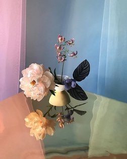 flower boat...with curtain....mountains.
