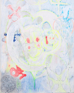Benjamin Reichwald, Rabbit Descending  Acrylic, Oil, Pencil, Paint Marker, Varnish &amp; Glitter on Canvas, 30cm x 40cm, 2020