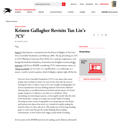 Kristen Gallagher Revisits Tan Lin's 7CV by... | Poetry Foundation