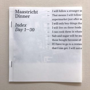 "Maastricht Dinner" by Chen Jhen. A conceptual 36 pages foldout booklet on transparent paper, Riso printed on the A2 duplica...