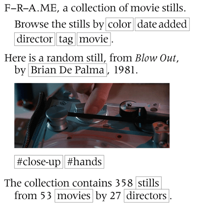F-R-A.ME, a collection of movie stills.