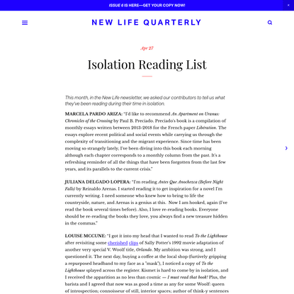 Isolation Reading List - New Life Quarterly
