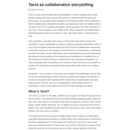 Tarot as collaborative storytelling · Word Game Workshop