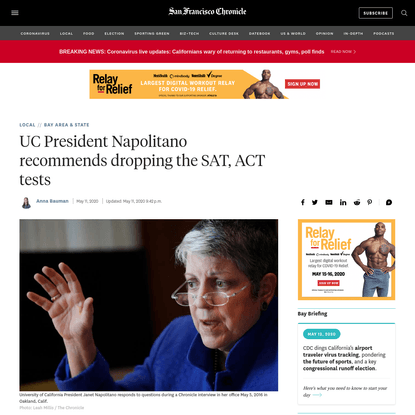 UC President Napolitano recommends dropping the SAT, ACT tests