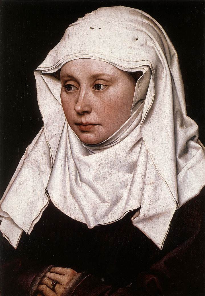 A wimple as shown in Portrait of a Woman, circa 1430-1435, by Robert Campin (1375/1379–1444), National Gallery, London. The cloth is 4-ply and the pins holding it in place are visible at the top of the head.