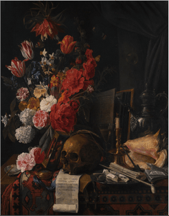 nicolaes_van_verendael_-_vanitas_still_life_with_flowers-_a_skull-_hourglass-_conch_shell_and_silver_jug_on_a_partially_drap...