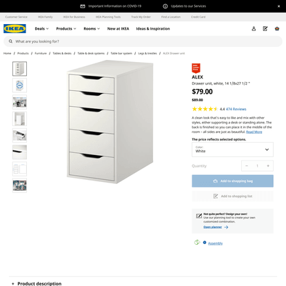 ALEX Drawer unit, white, 14 1/8x27 1/2″ - IKEA