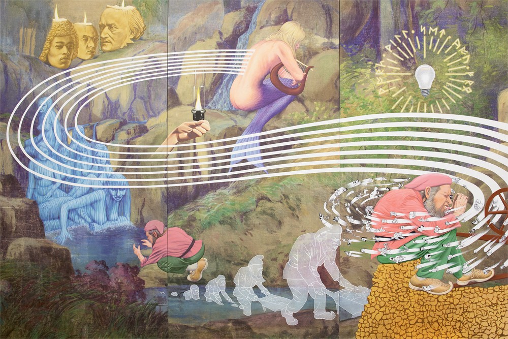 Jim Shaw: The Rhinegold's Curse, 2014, acrylic on muslin, three panels, each 96 by 48 inches; at Metro Pictures.