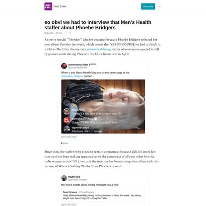 so obvi we had to interview that Men’s Health staffer about Phoebe Bridgers - Deez Links
