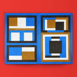 384 by Errol F. Richardson / Available at www.draw-down.com / A collection of "neo-neo-plastic experiments" - patterns, figures, and geometric arrangements in black, blue, and gold. #riso #risograph #zine #graphicdesign #typography #geometric