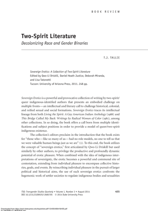  Two-Spirit Literature: Decolonizing Race and Gender Binaries - T.J. Tallie
