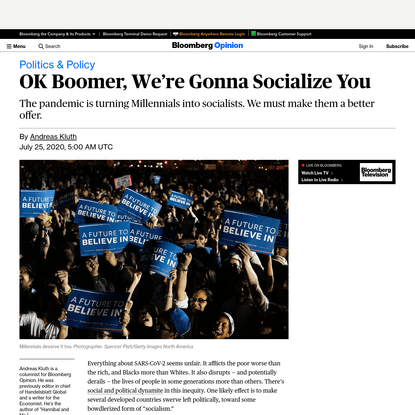 OK Boomer: Coronavirus Is Turning Millennials Into Socialists - Bloomberg