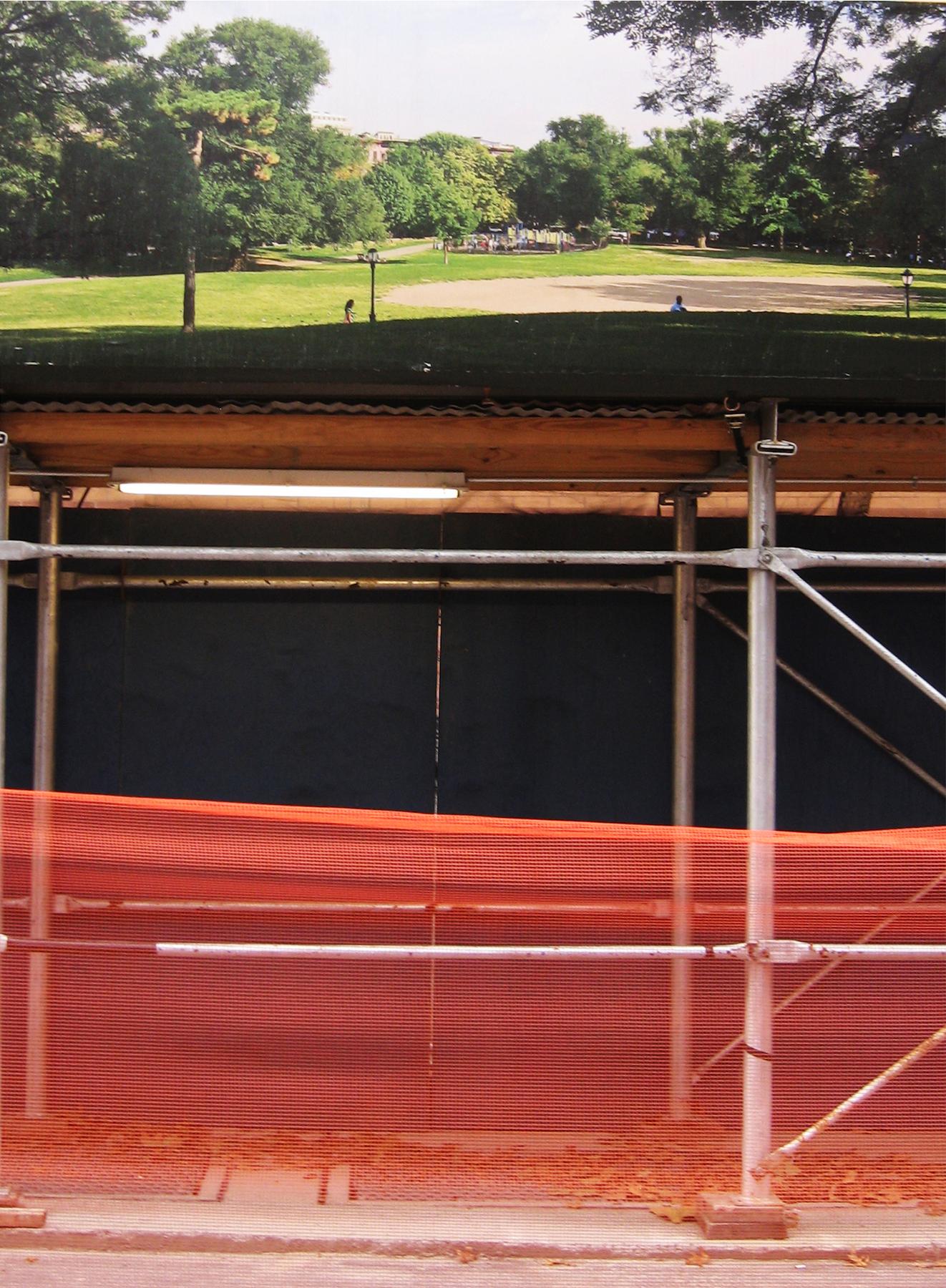 Peter Scott, *Arcadias (Suspended Park)*, 2010. Digital image, dimensions variable.  Presented as part of *Arcadias*, 2020. Site-specific installation of nine photographs printed on translucent vinyl, each approximately 60 × 105 inches. Courtesy the artist. 